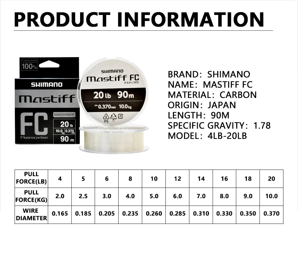 Original SHIMANO Mastiff FC 3LB-20LB Fluorocarbon Transparent Color Fiber Fishing Line 90M Made in Japan