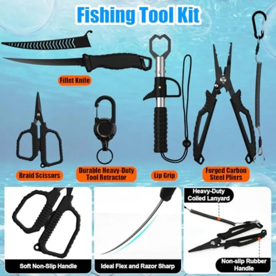 Fishing Lures Kit with Tackle Box, Pliers, Fish Gripper, Saltwater Freshwater Gear Set for Bass Trout, Hooks Weights Bobbers Ri