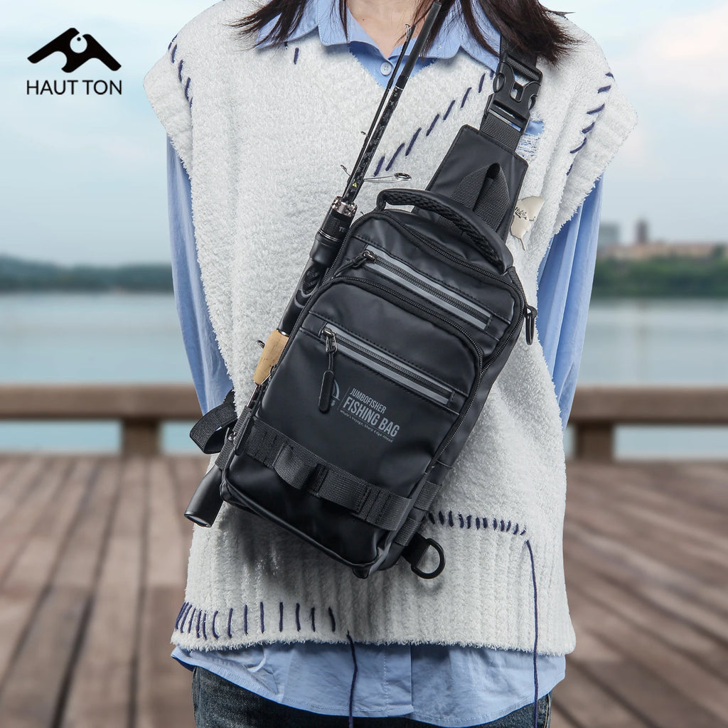 HAUT TON Multifunctional Fishing Tackle Backpack With Rod Large Capacity Black Holders Camping Hiking Outdoor Shoulder Chest Bag