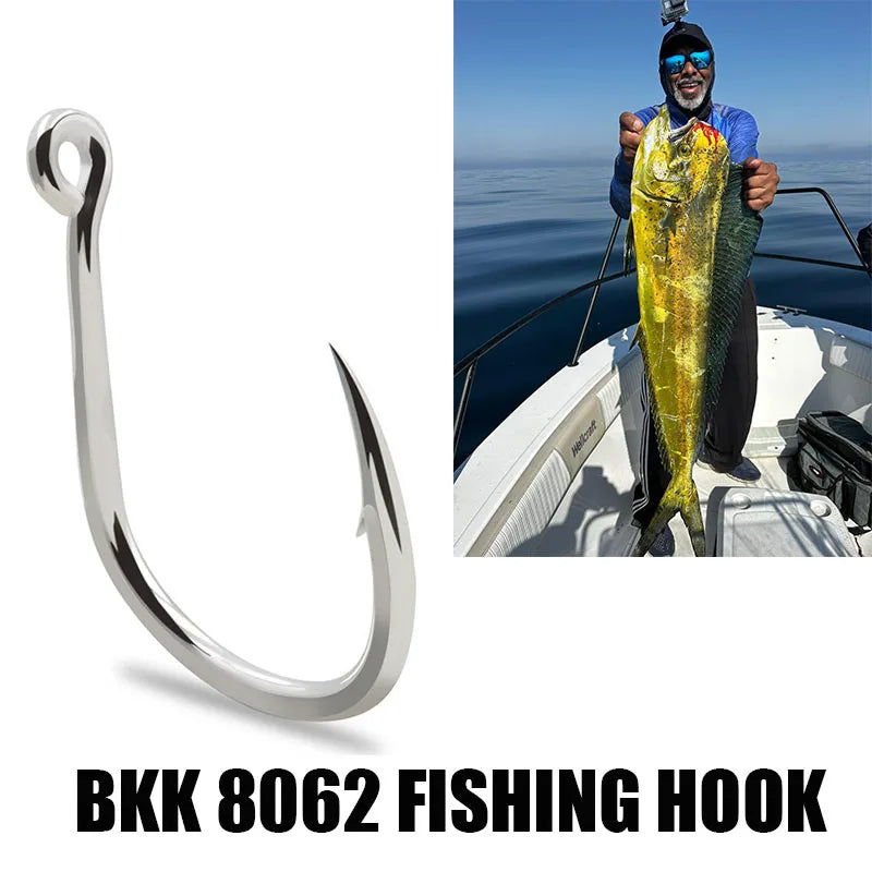 BKK8062Anti-Corrosive5xStreng Iron Plate Hooks Thened Bright Tin Round Point Sea Fishing Hooks Barbed Tuna Bulk Fish HooksRinged