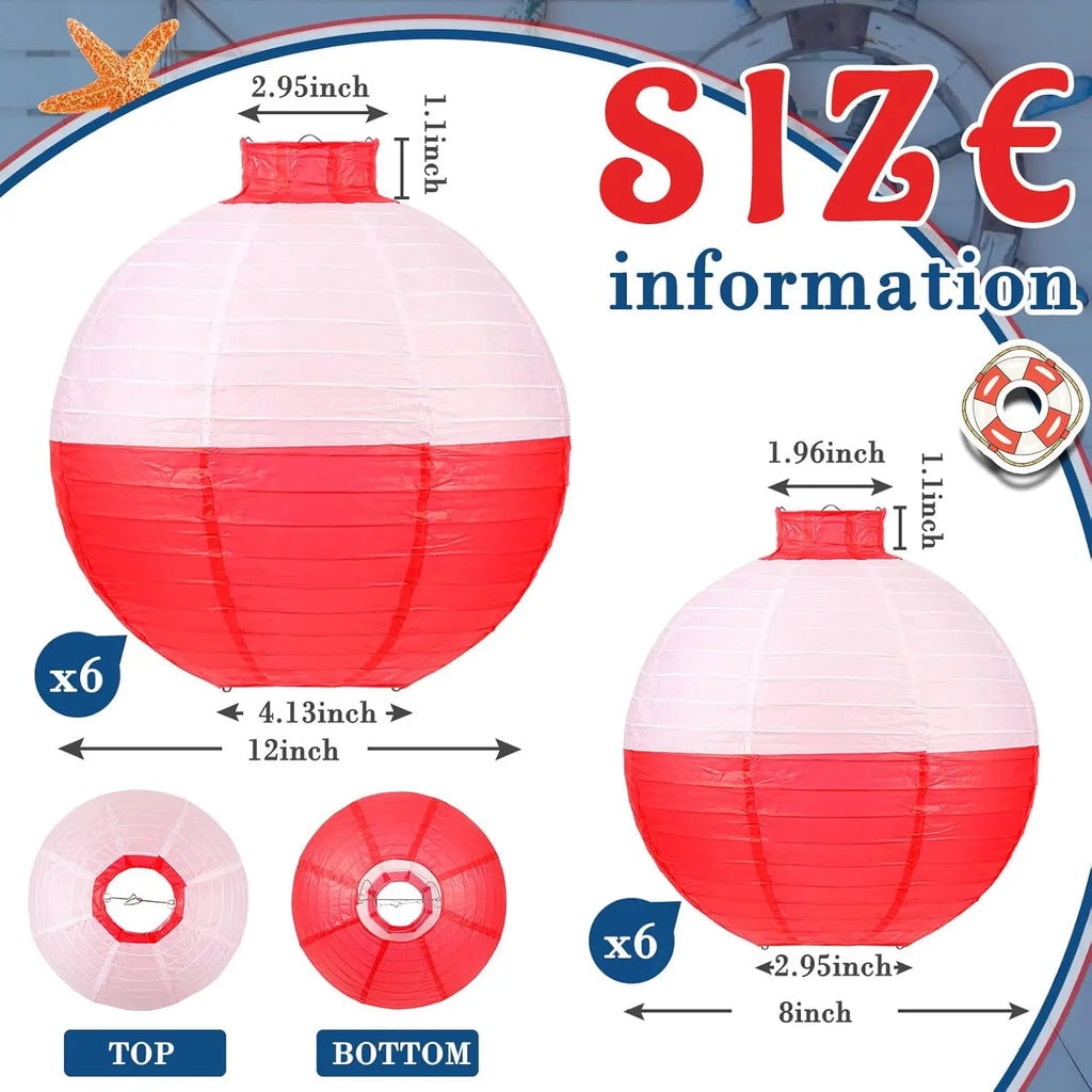12 Fishing Bobber Paper Lanterns, 8 & 12 Inch, Red & White, for Fisherman Theme Party Decor