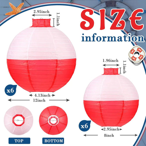12 Fishing Bobber Paper Lanterns, 8 & 12 Inch, Red & White, for Fisherman Theme Party Decor