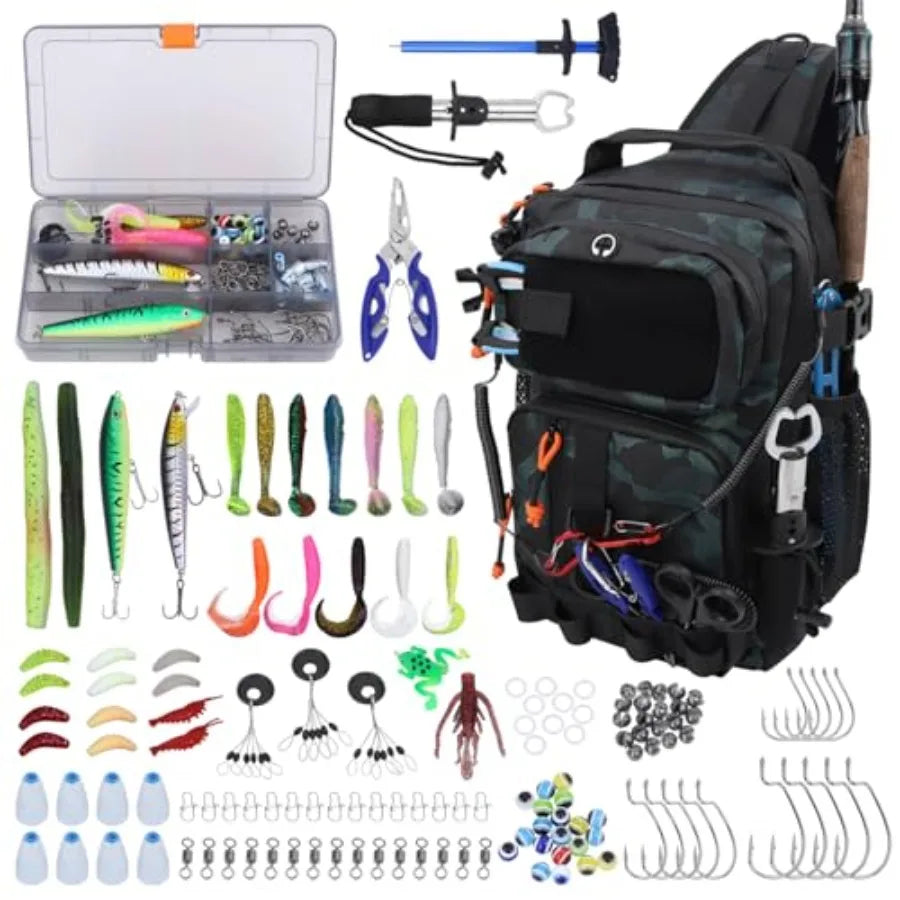 Fishing Backpack with Tackle BoxesWaterproof Fishing Shoulder Bag for Fishing Gear Fish Bag with 136 Pcs Fishing Lures Kit Fish