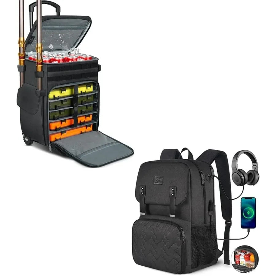 MATEIN Rolling Tackle Box with Cooler Large Fishing Bag with Wheels for 5 Trays Trays Not Included Lunch Backpack for Women Ins