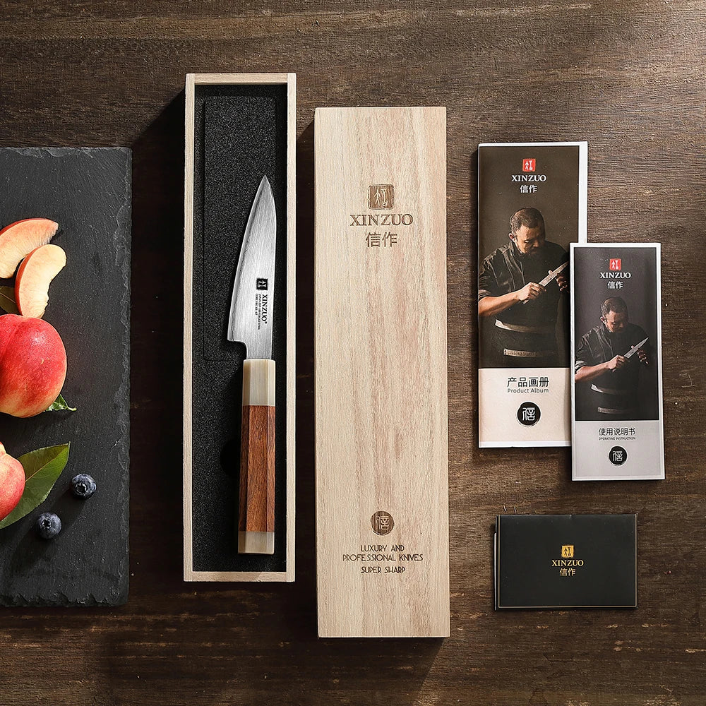XINZUO 4.3" inch Small Paring Knife Japanes ZDP-189 Power Steel with Desert Ironwood +White Bull Horn Sharp Fruit Meat Cutter