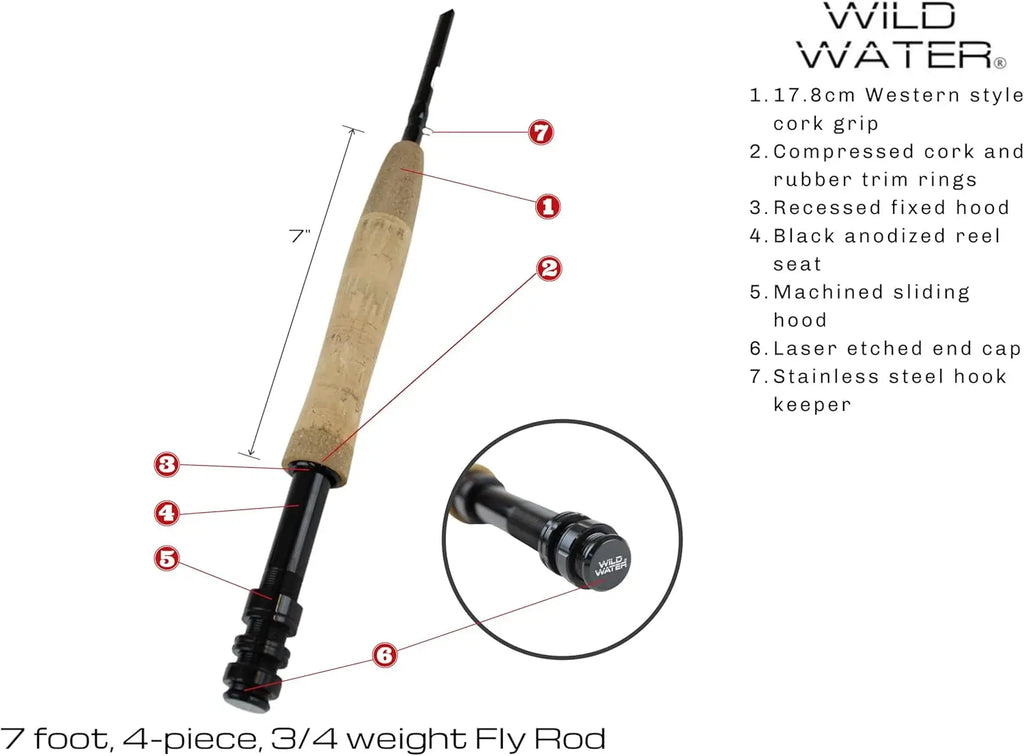 7ft Fly Fishing Combo Kit, 3/4 Weight Graphite Rod with Cork Handle, Aluminum Reel & 9 Flies