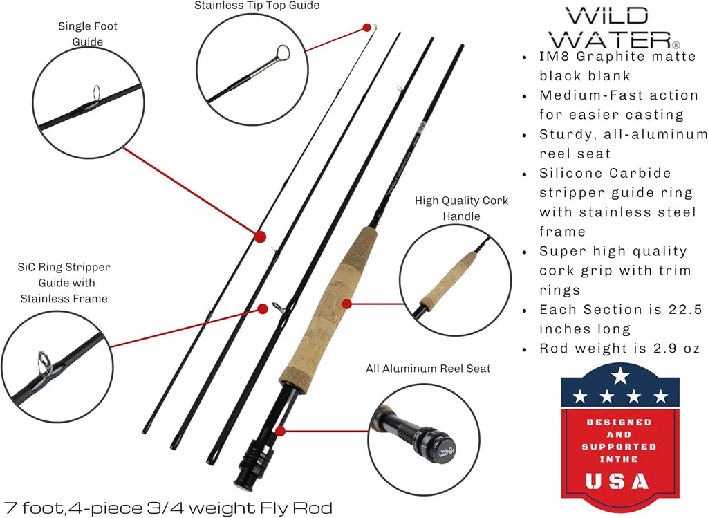 7ft Fly Fishing Combo Kit, 3/4 Weight Graphite Rod with Cork Handle, Aluminum Reel & 9 Flies