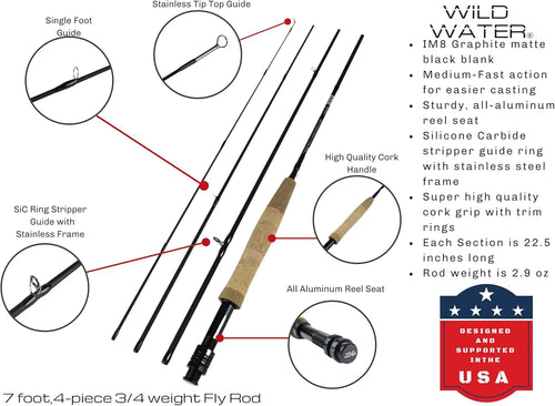 7ft Fly Fishing Combo Kit, 3/4 Weight Graphite Rod with Cork Handle, Aluminum Reel & 9 Flies