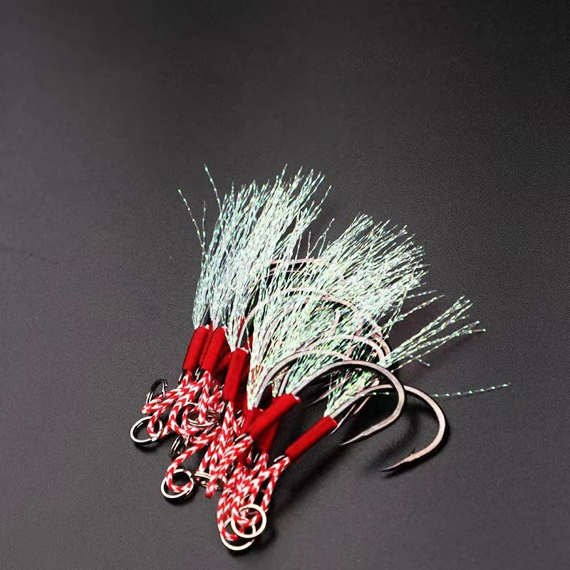 10PCS/Lot Carbon Steel Cast Jig Assist Fishing Hooks Thread Feather Lure Fishing Tackle Slow Jigging Head Hook Lure Accessories