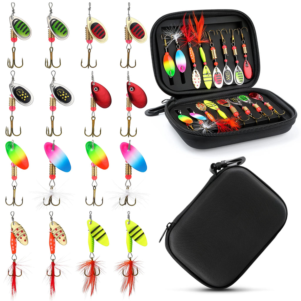 16Pcs Spinner Fishing Lures Set with Tackle Box Metal Composite Rotating Blades Bass Trout Salmon Freshwater Saltwater Fishing