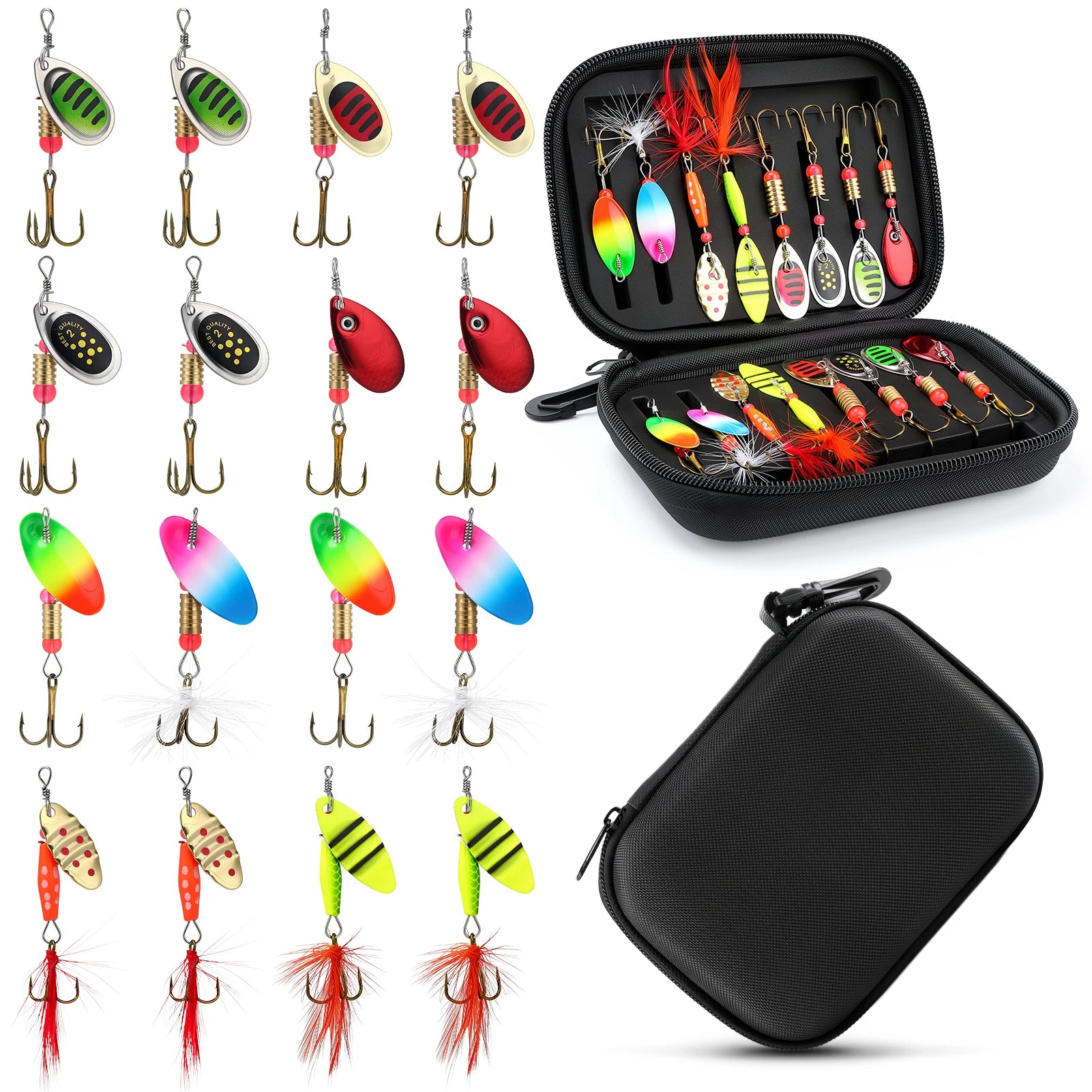 16Pcs Spinner Fishing Lures Set with Tackle Box Metal Composite Rotating Blades Bass Trout Salmon Freshwater Saltwater Fishing