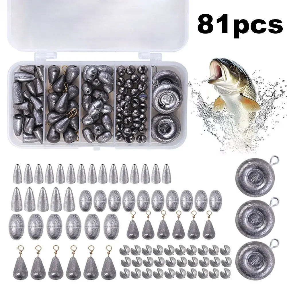 81PCS Removable Fishing Sinkers Weights Kit Fishing Flipping Weights Line Sinkers Hook Connector for Bass Fishing Tackle