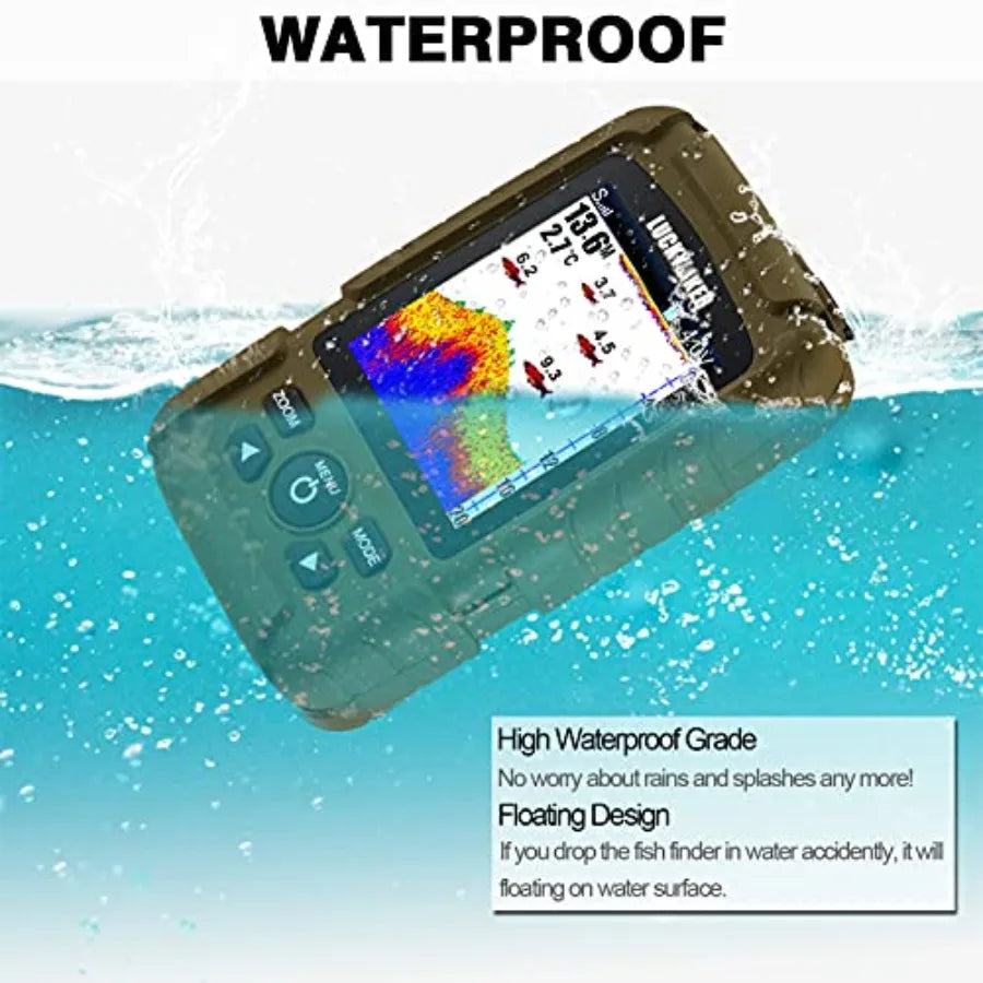 Handheld fish finder for boats and shore fishing, LCD display, black housing with blue backlight, wireless waterproof transduce