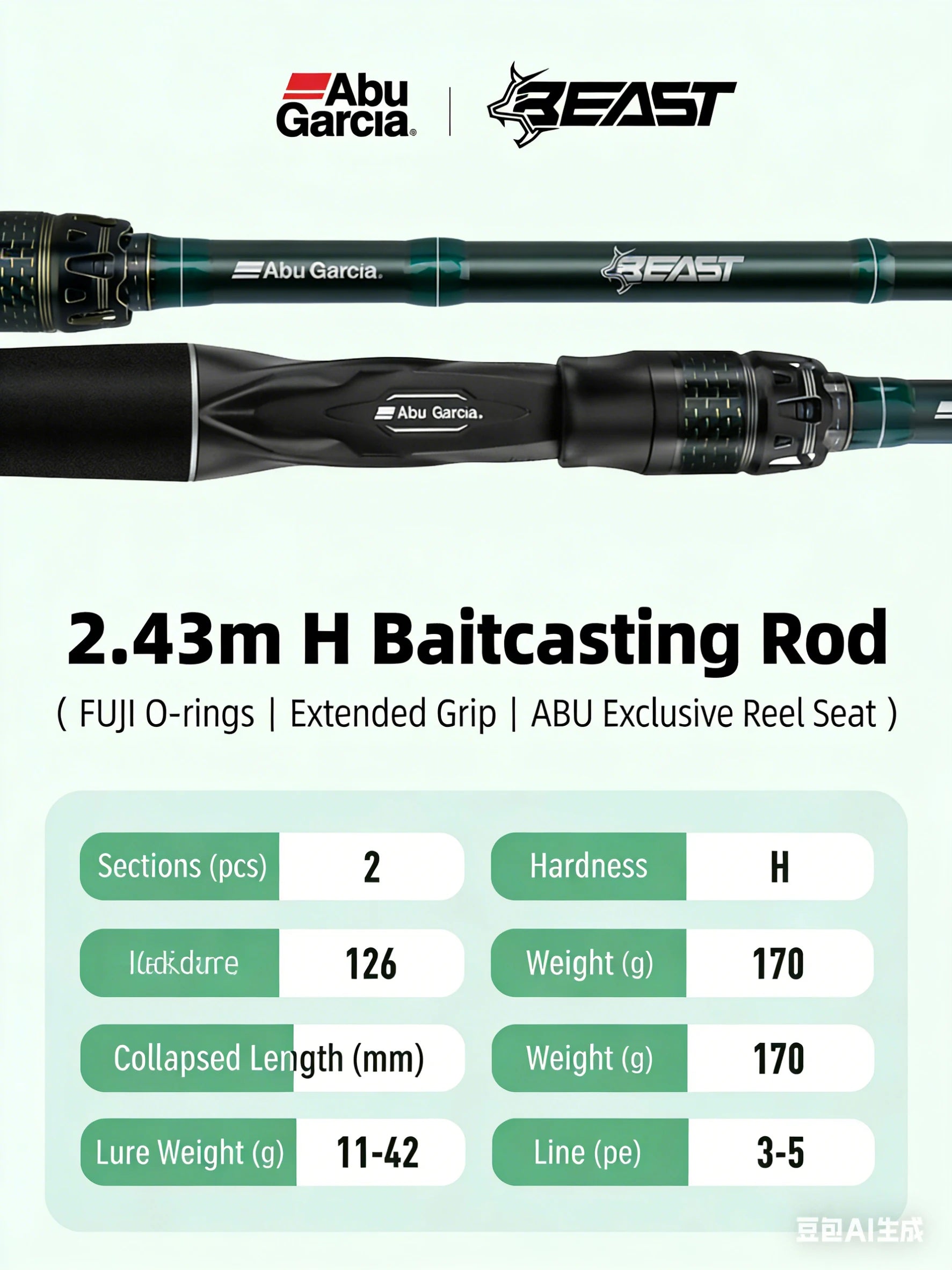 ABU Garcia Original New Beast Casting Fishing Rod 2.29/2.43M Power H/XH/XXH Fuji O Ring Extended EVA Split Handle