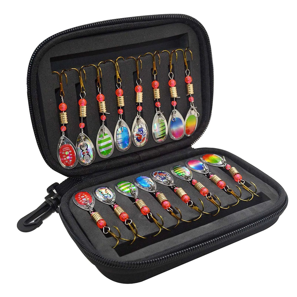 16Pcs Spinner Lure Fishing Set with Hand Crank for Pike Walleye Trout Bass Salmon Continuous Flickering Vibration Effect