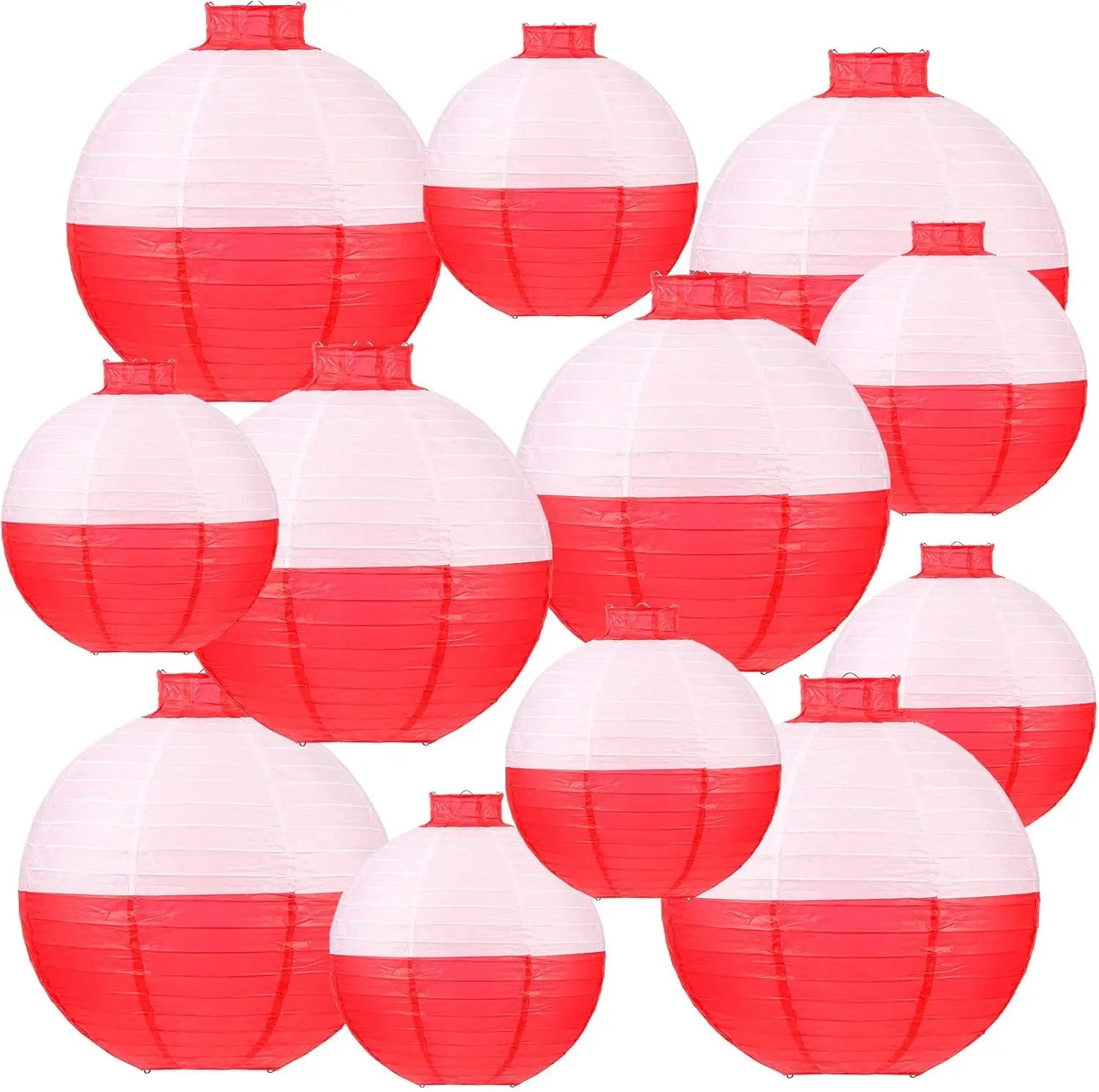 12 Fishing Bobber Paper Lanterns, 8 & 12 Inch, Red & White, for Fisherman Theme Party Decor