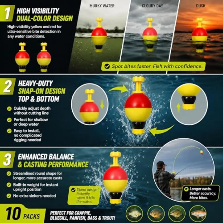 10 Pack Small Weighted Slip Fishing Bobbers, 2.45g High Visibility Oval Foam Floats for Freshwater and Saltwater Fishing, Adjus