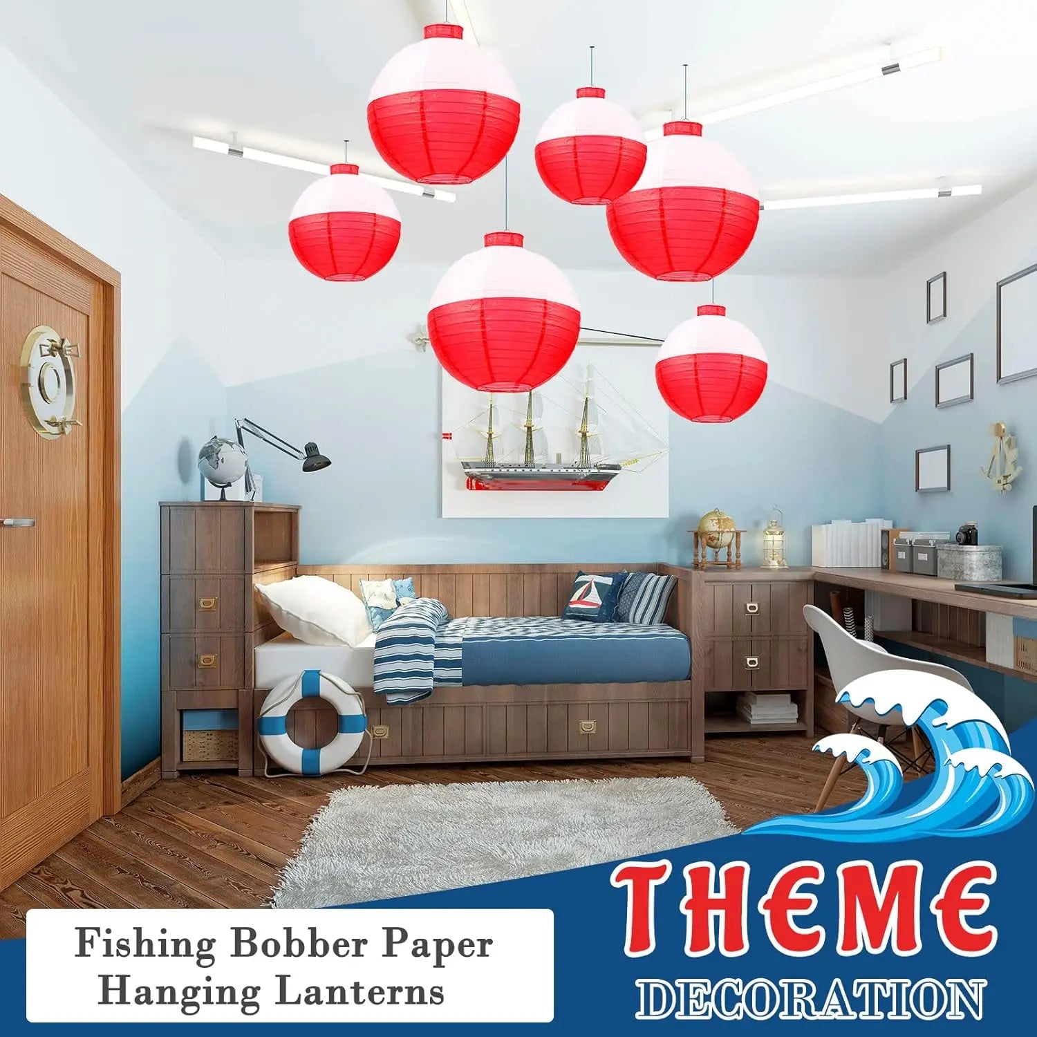 12 Fishing Bobber Paper Lanterns, 8 & 12 Inch, Red & White, for Fisherman Theme Party Decor