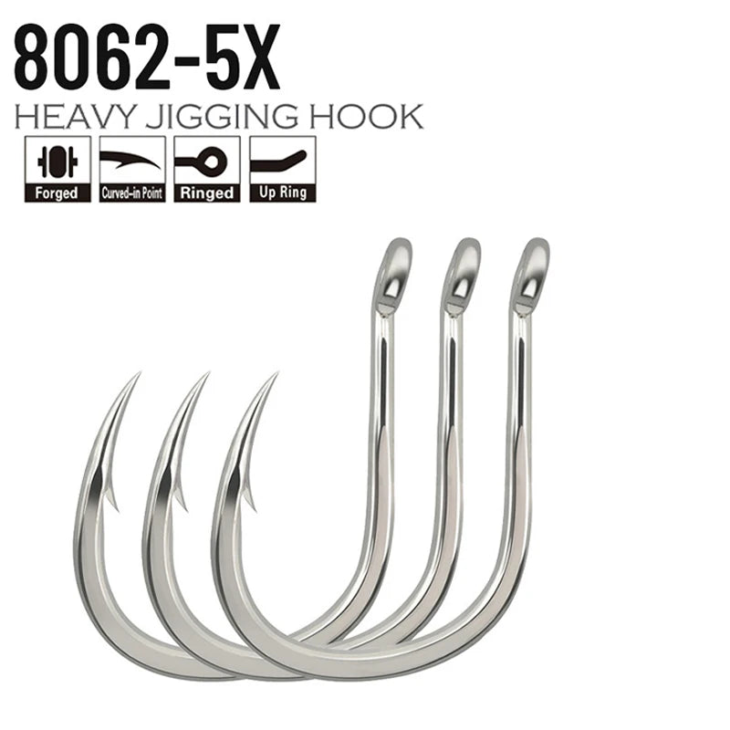 BKK8062Anti-Corrosive5xStreng Iron Plate Hooks Thened Bright Tin Round Point Sea Fishing Hooks Barbed Tuna Bulk Fish HooksRinged