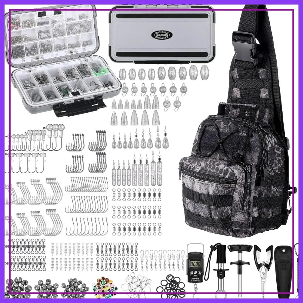 397 Pcs Fishing Accessories Kit with Backpack, Tackle Box, Hooks, Weights, Sinkers, Spinner Blade Gear