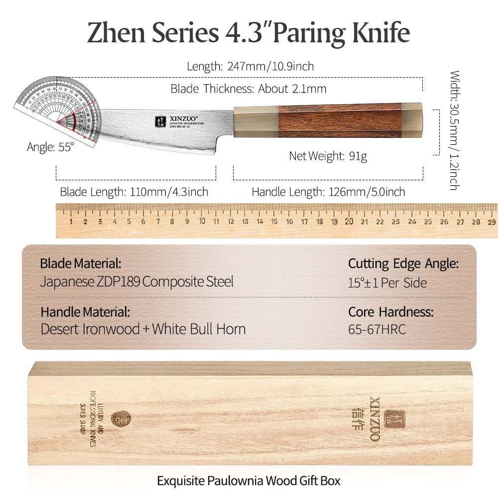 XINZUO 4.3" inch Small Paring Knife Japanes ZDP-189 Power Steel with Desert Ironwood +White Bull Horn Sharp Fruit Meat Cutter