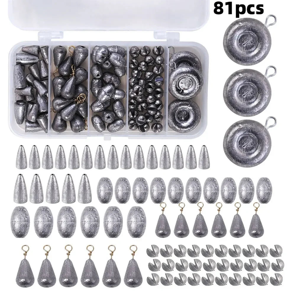 81PCS Removable Fishing Sinkers Weights Kit Fishing Flipping Weights Line Sinkers Hook Connector for Bass Fishing Tackle