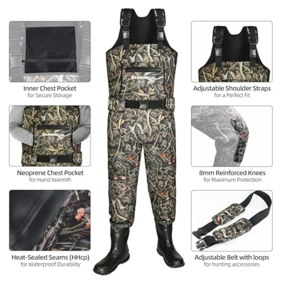 Fishing Waders for Men: Waterproof 4mm Neoprene, Black, 8mm Reinforced Knees 800G Insulation for Cold-Weather Hunting