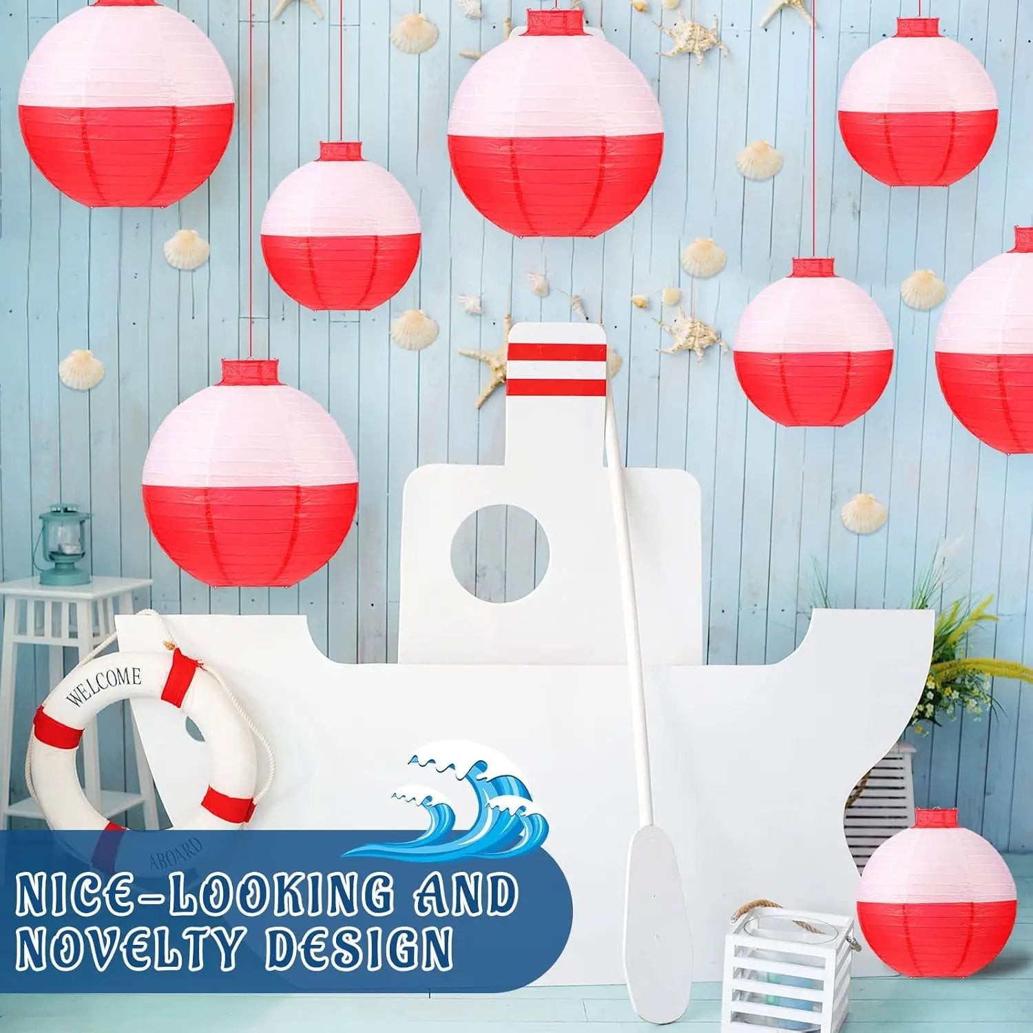 12 Fishing Bobber Paper Lanterns, 8 & 12 Inch, Red & White, for Fisherman Theme Party Decor
