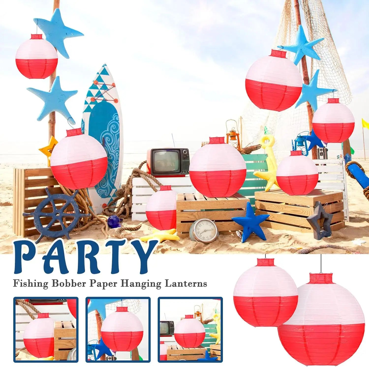 12 Fishing Bobber Paper Lanterns, 8 & 12 Inch, Red & White, for Fisherman Theme Party Decor