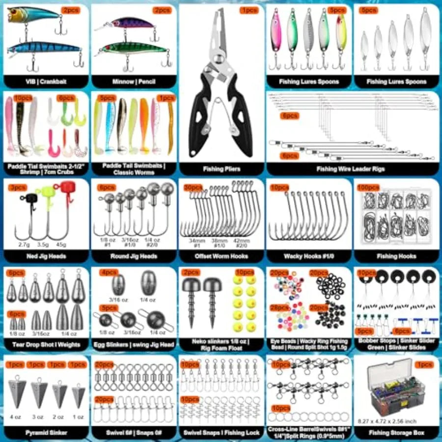 Fishing Lures Kit with Tackle Box, Pliers, Fish Gripper, Saltwater Freshwater Gear Set for Bass Trout, Hooks Weights Bobbers Ri