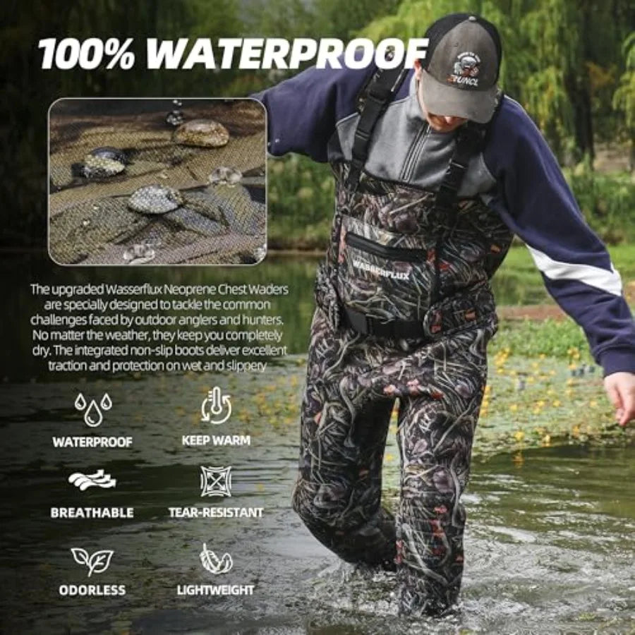 Fishing Waders for Men: Waterproof 4mm Neoprene, Black, 8mm Reinforced Knees 800G Insulation for Cold-Weather Hunting
