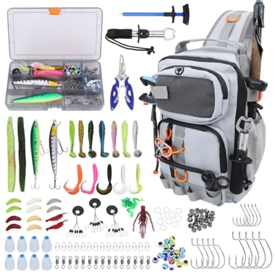 Fishing Backpack with Tackle BoxesWaterproof Fishing Shoulder Bag for Fishing Gear Fish Bag with 136 Pcs Fishing Lures Kit Fish