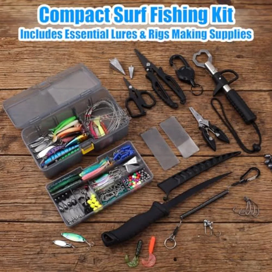 Fishing Lures Kit with Tackle Box, Pliers, Fish Gripper, Saltwater Freshwater Gear Set for Bass Trout, Hooks Weights Bobbers Ri