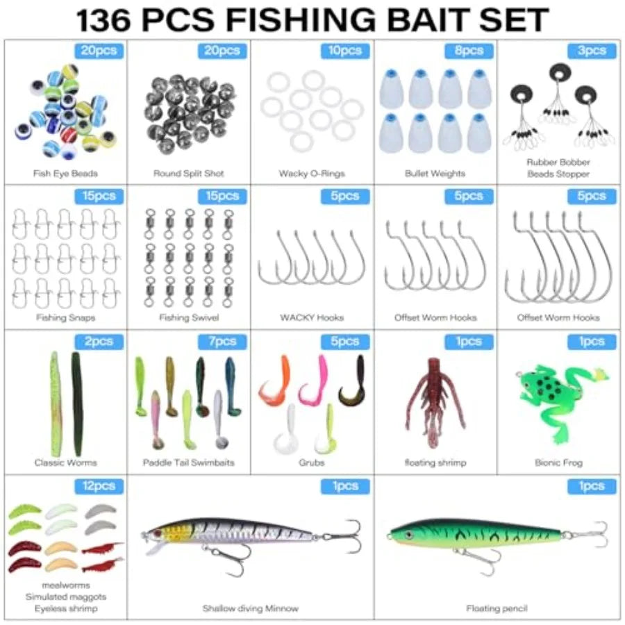 Fishing Backpack with Tackle BoxesWaterproof Fishing Shoulder Bag for Fishing Gear Fish Bag with 136 Pcs Fishing Lures Kit Fish