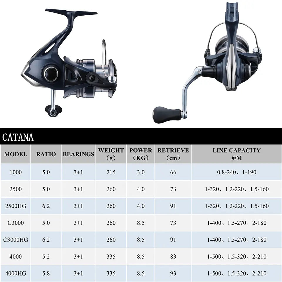 SHIMANO CATANA Spinning Fishing Reel 3+1BB Metal Spool G-Free Body and Propulsion Line Management System