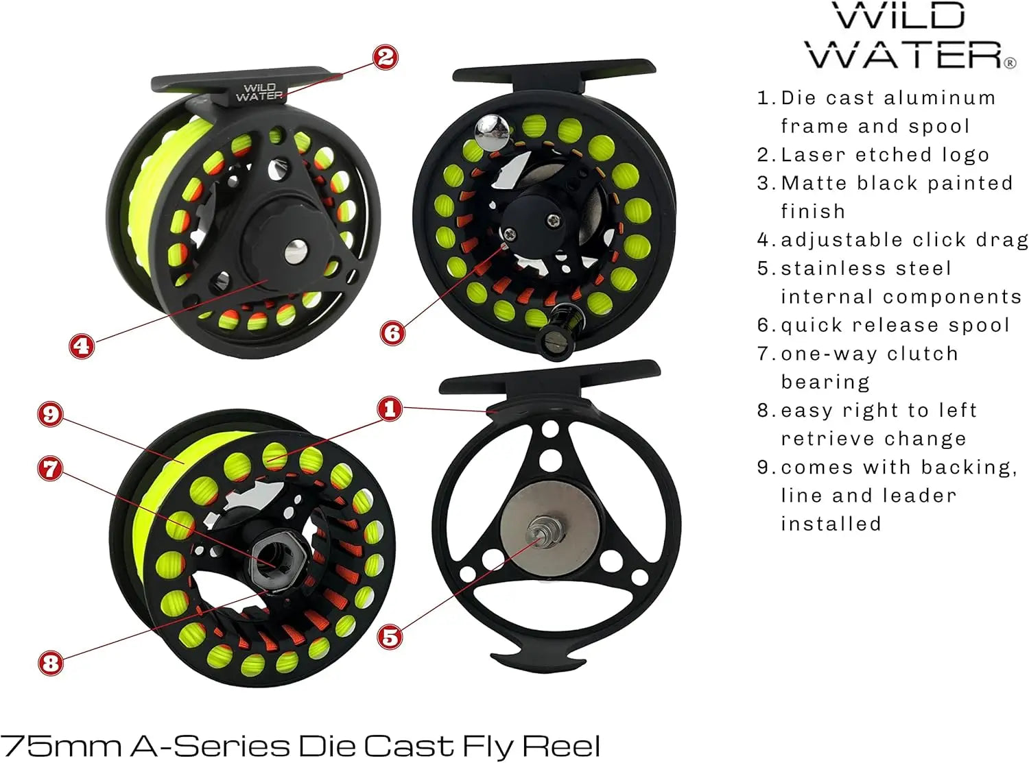 7ft Fly Fishing Combo Kit, 3/4 Weight Graphite Rod with Cork Handle, Aluminum Reel & 9 Flies