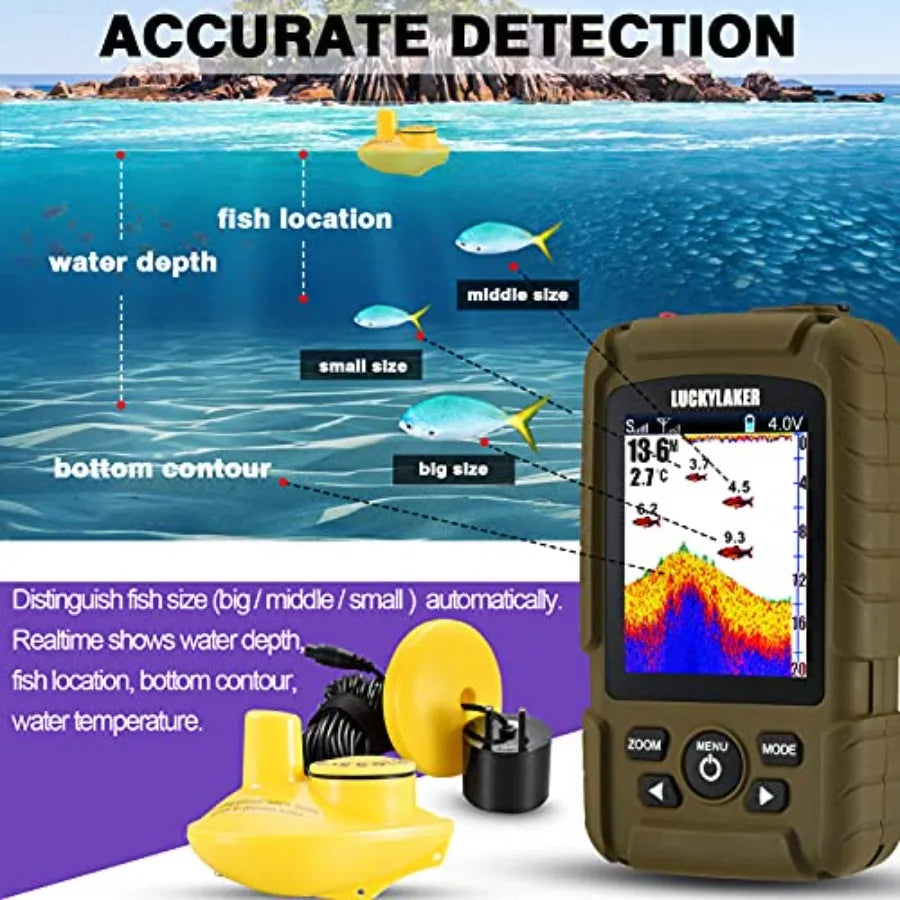 Handheld fish finder for boats and shore fishing, LCD display, black housing with blue backlight, wireless waterproof transduce