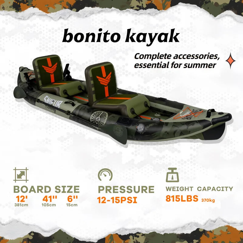 Funwater 2-Person Inflatable bonito kayak Complete 12'*41" *6" with Paddle & Rod Holders Adjustable Seats and Carry Handle