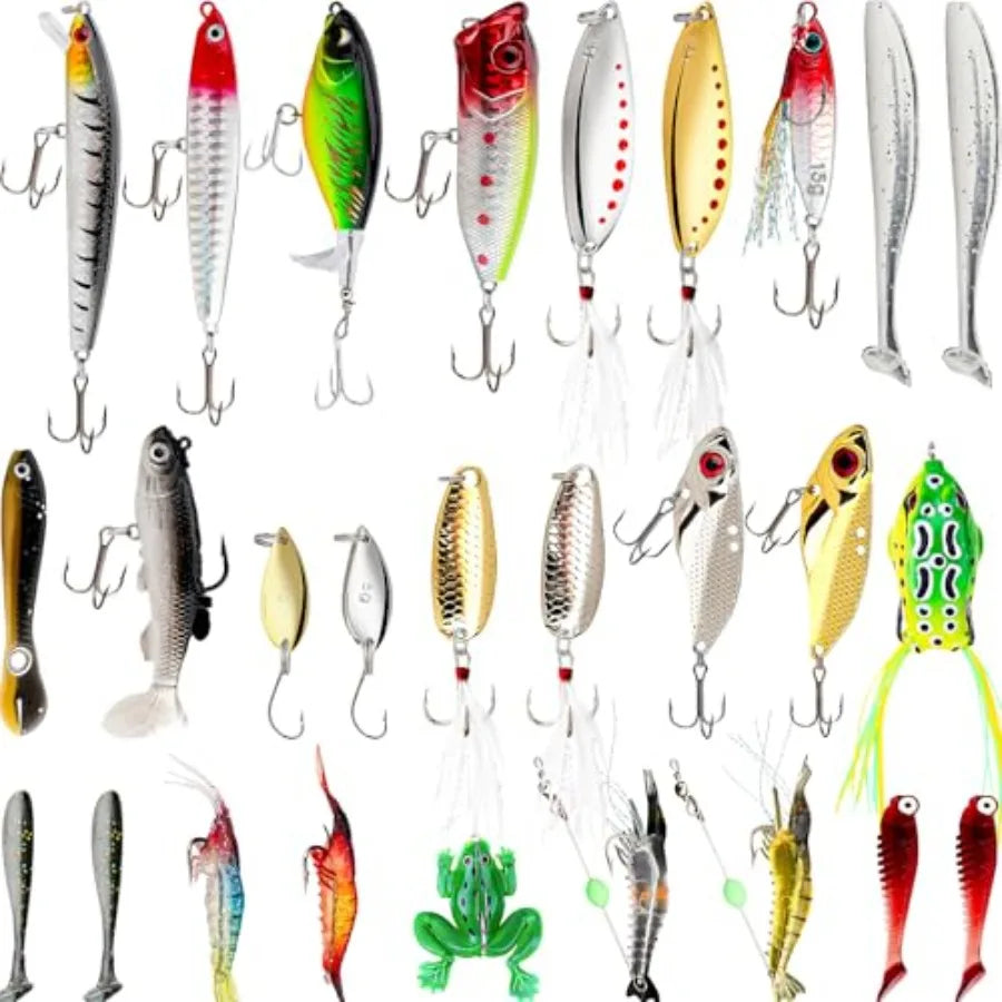 27Pcs Fishing Lures Kit Hard and Soft Bait Set for Bass Trout Pike Deep Diving Crankbaits with Premium Gift Box Freshwater and