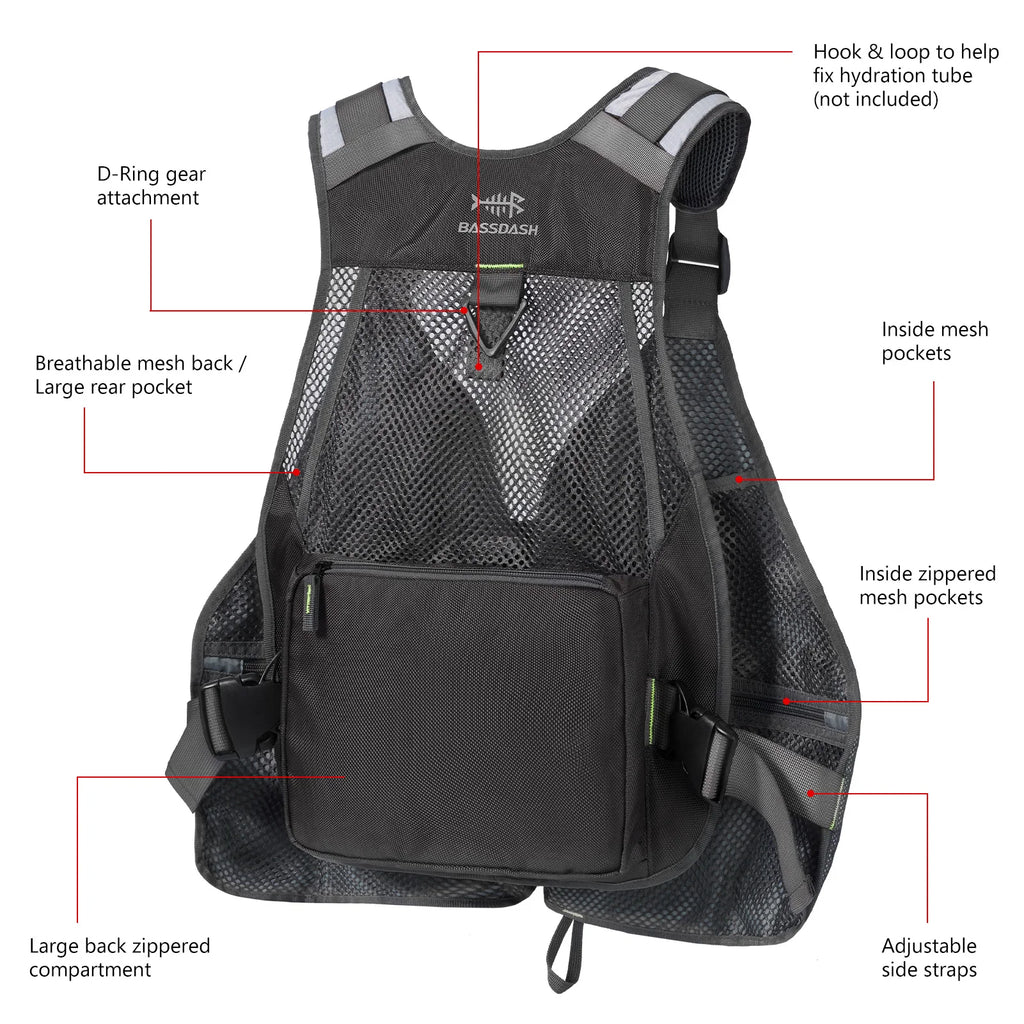 Bassdash Fishing Vest Adjustable Outdoor Sports Fishing Tackle Breathable