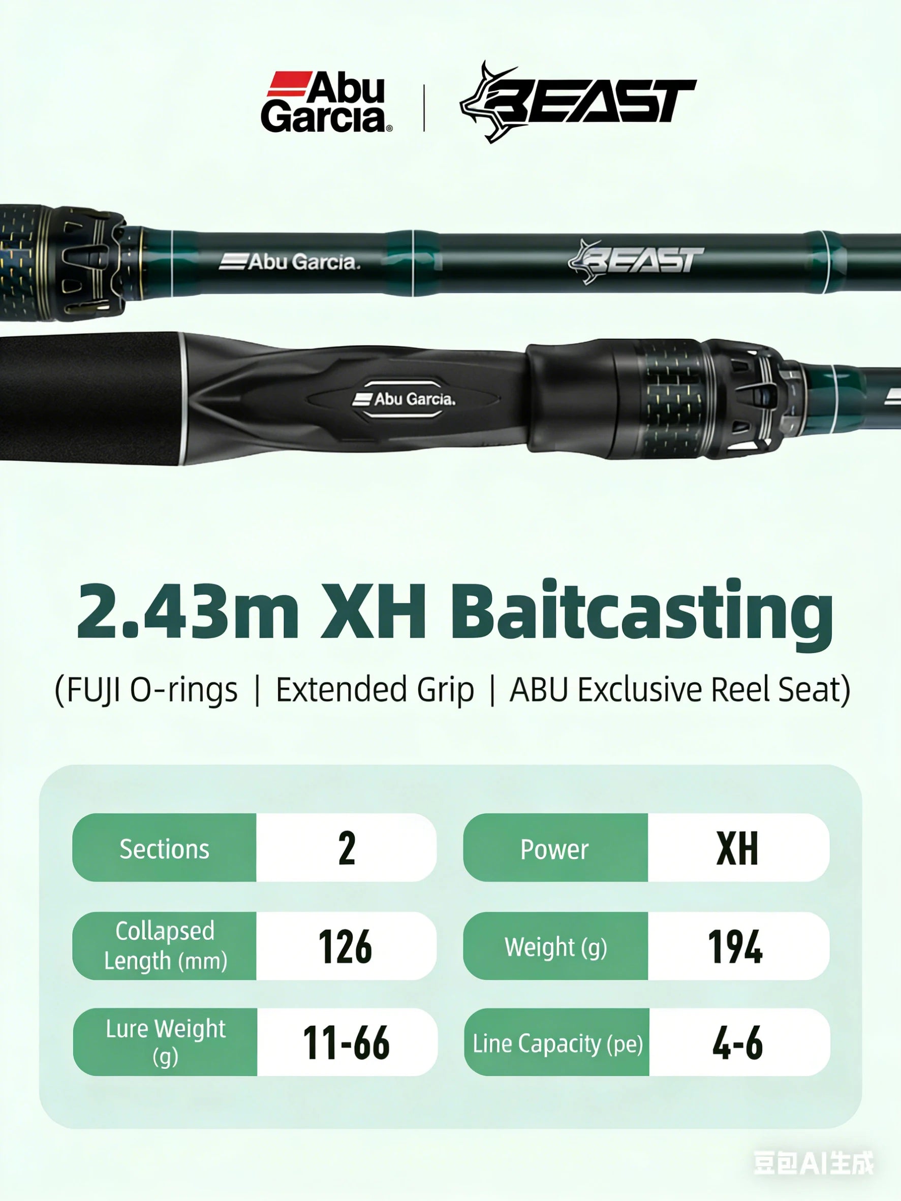 ABU Garcia Original New Beast Casting Fishing Rod 2.29/2.43M Power H/XH/XXH Fuji O Ring Extended EVA Split Handle