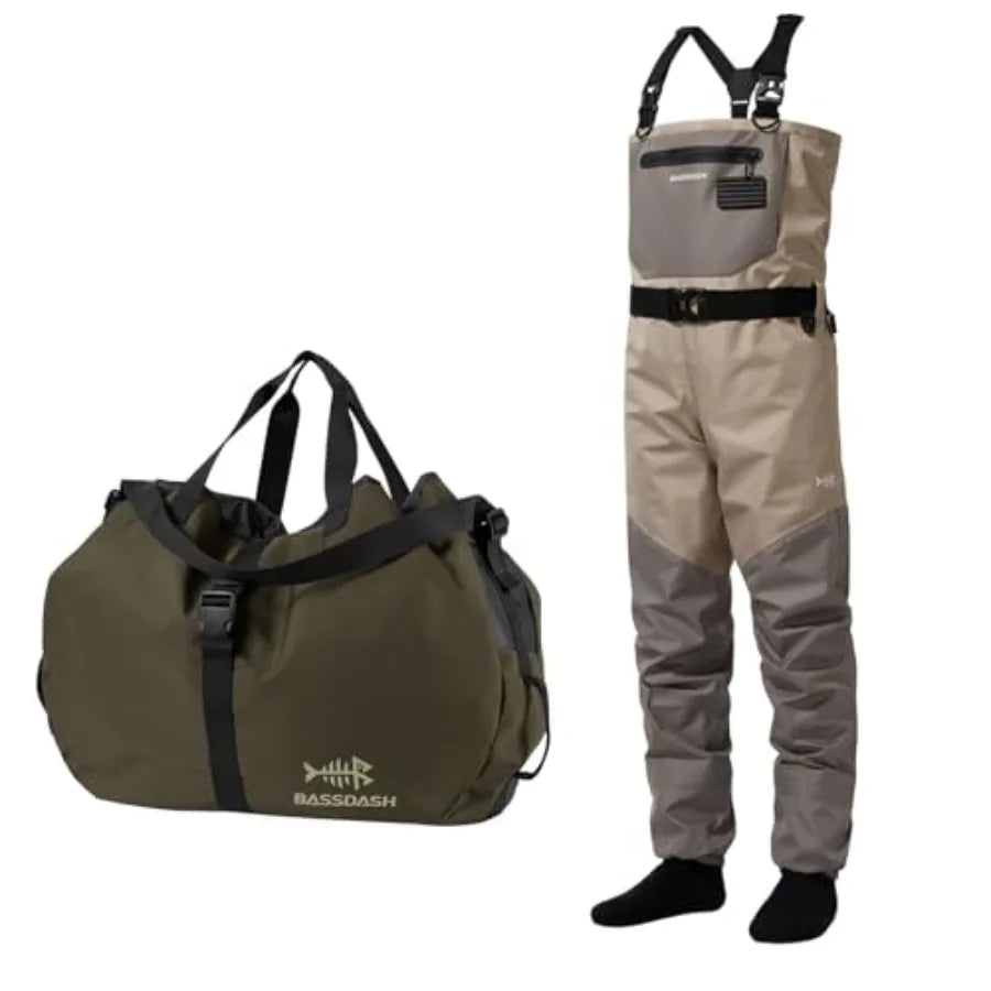 FW08 Men's Breathable Waterproof Fly Fishing Waders Chest Fishing X-Large Stocking Foot 11-12 with Foldable Wader Bag Changing