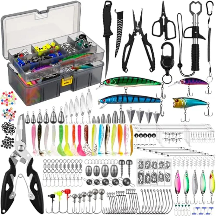 Fishing Lures Kit with Tackle Box, Pliers, Fish Gripper, Saltwater Freshwater Gear Set for Bass Trout, Hooks Weights Bobbers Ri