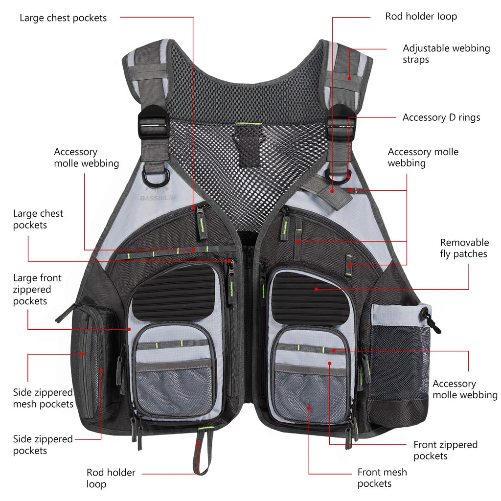 Bassdash Fishing Vest Adjustable Outdoor Sports Fishing Tackle Breathable