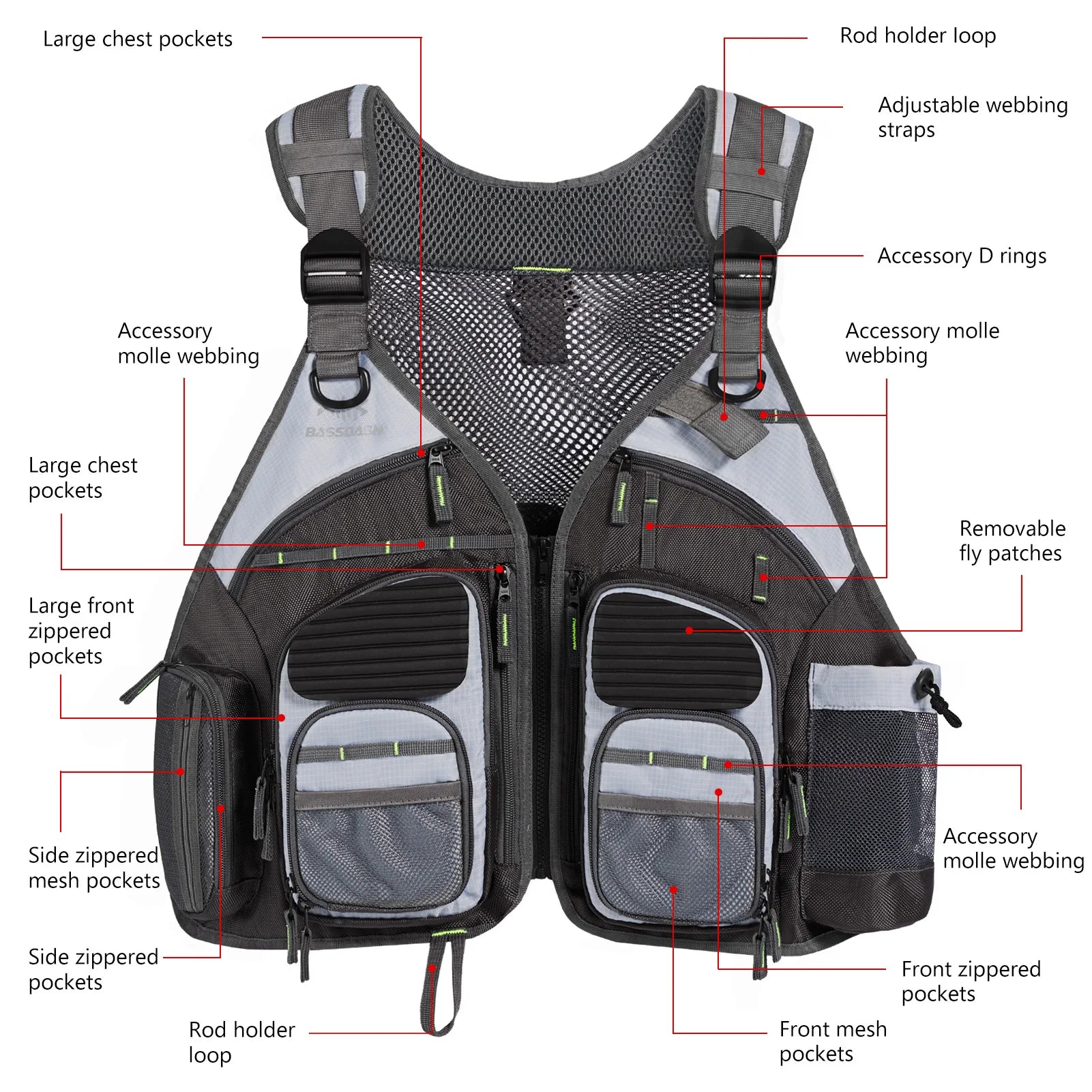 Bassdash Fishing Vest Adjustable Outdoor Sports Fishing Tackle Breathable