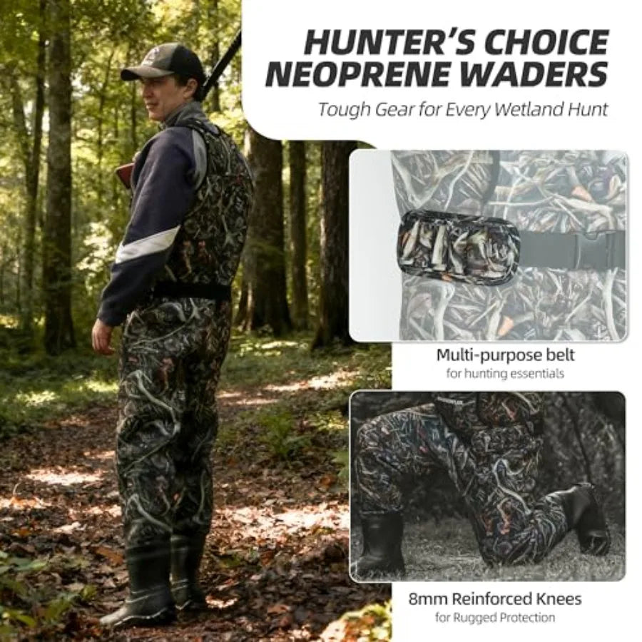 Fishing Waders for Men: Waterproof 4mm Neoprene, Black, 8mm Reinforced Knees 800G Insulation for Cold-Weather Hunting