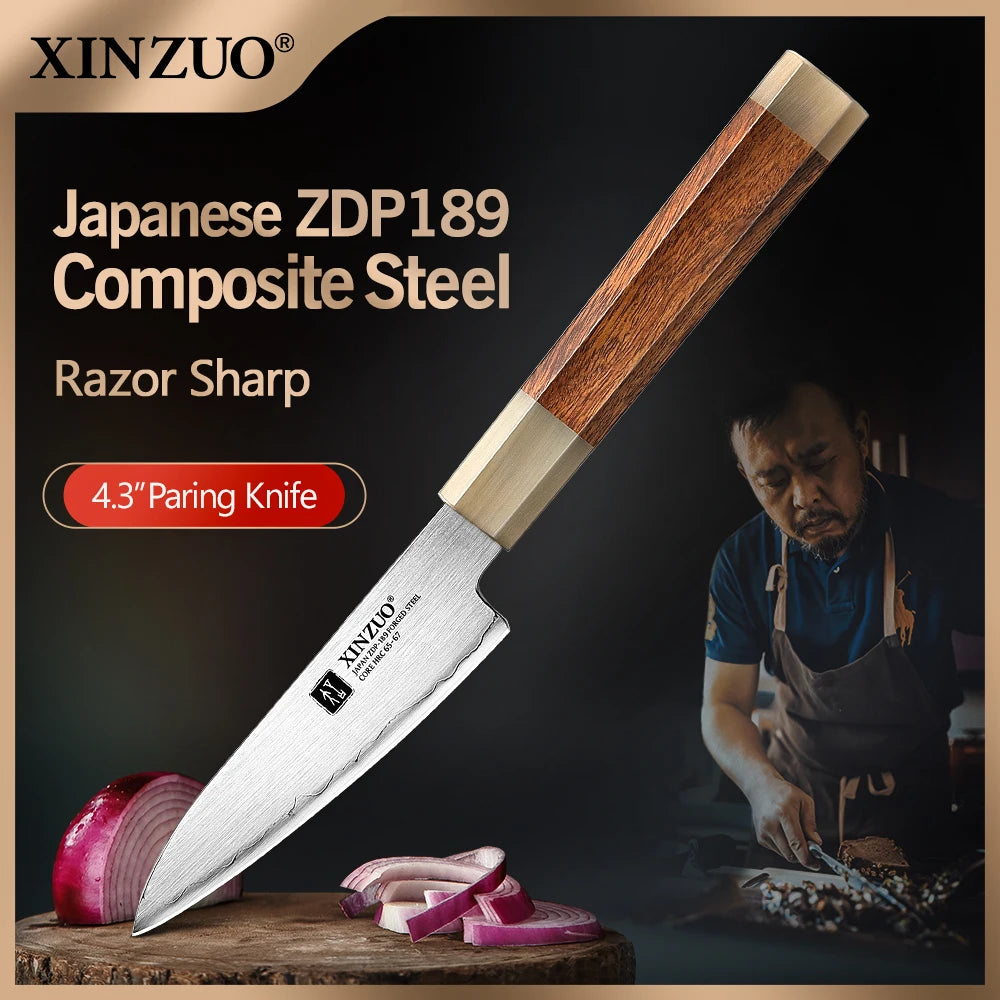 XINZUO 4.3" inch Small Paring Knife Japanes ZDP-189 Power Steel with Desert Ironwood +White Bull Horn Sharp Fruit Meat Cutter