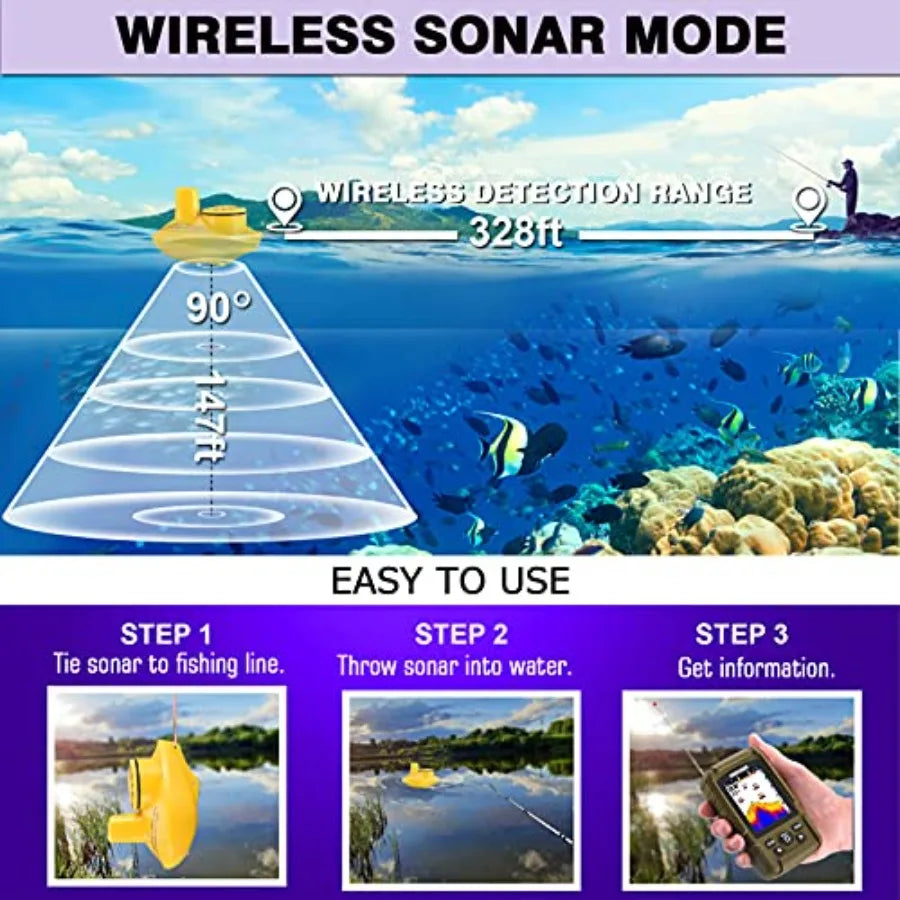 Handheld fish finder for boats and shore fishing, LCD display, black housing with blue backlight, wireless waterproof transduce