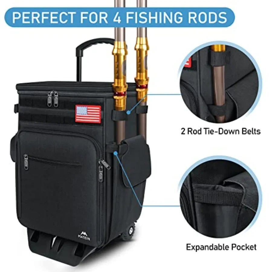 MATEIN Rolling Tackle Box with Cooler Large Fishing Bag with Wheels for 5 Trays Trays Not Included Lunch Backpack for Women Ins