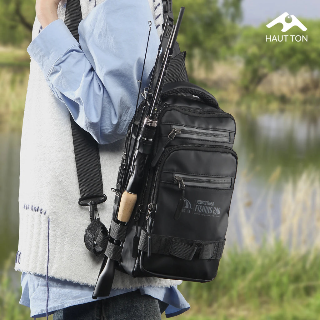 HAUT TON Multifunctional Fishing Tackle Backpack With Rod Large Capacity Black Holders Camping Hiking Outdoor Shoulder Chest Bag